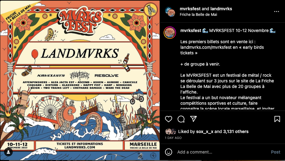 Post Instagram annonce LANDMVRKS x MVRKSFEST